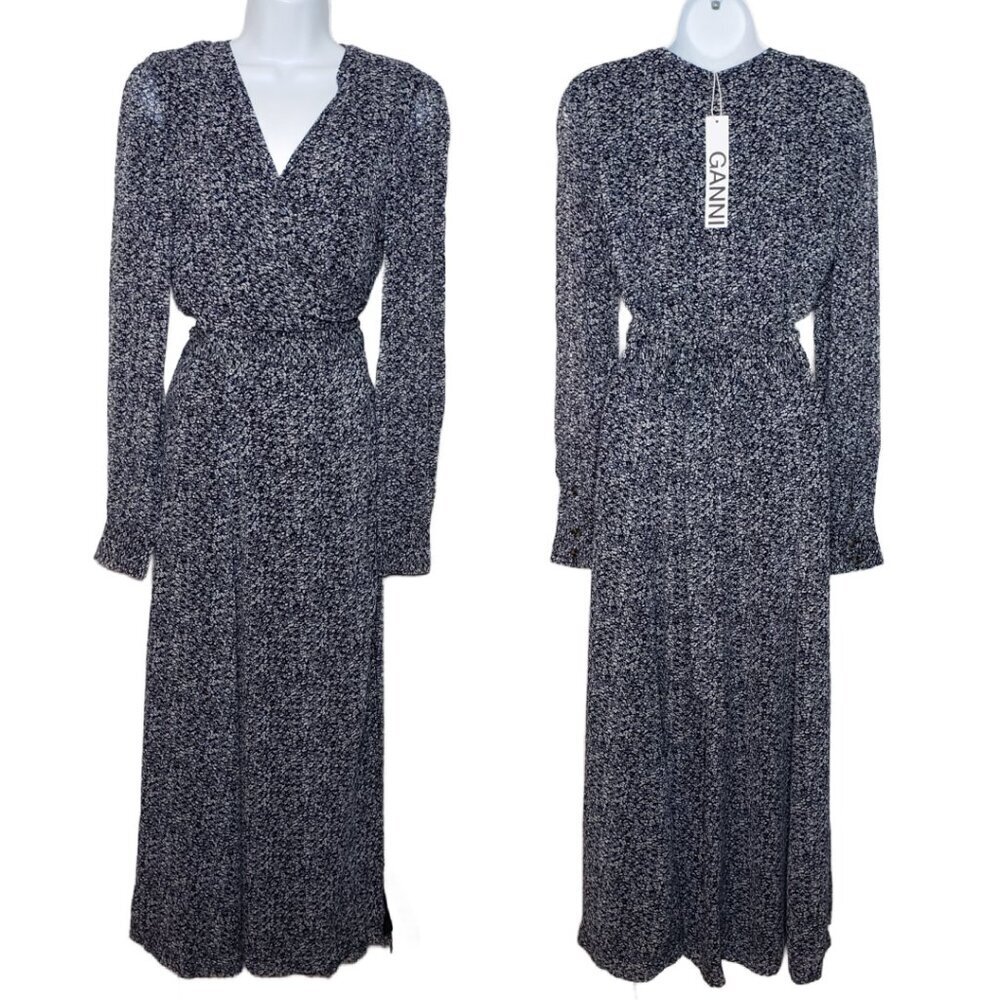 NWT GANNI Sz 36 Georgette Wrap Dress in Phantom Floral Maxi Sheer, Blue (1459) - Picture 2 of 6